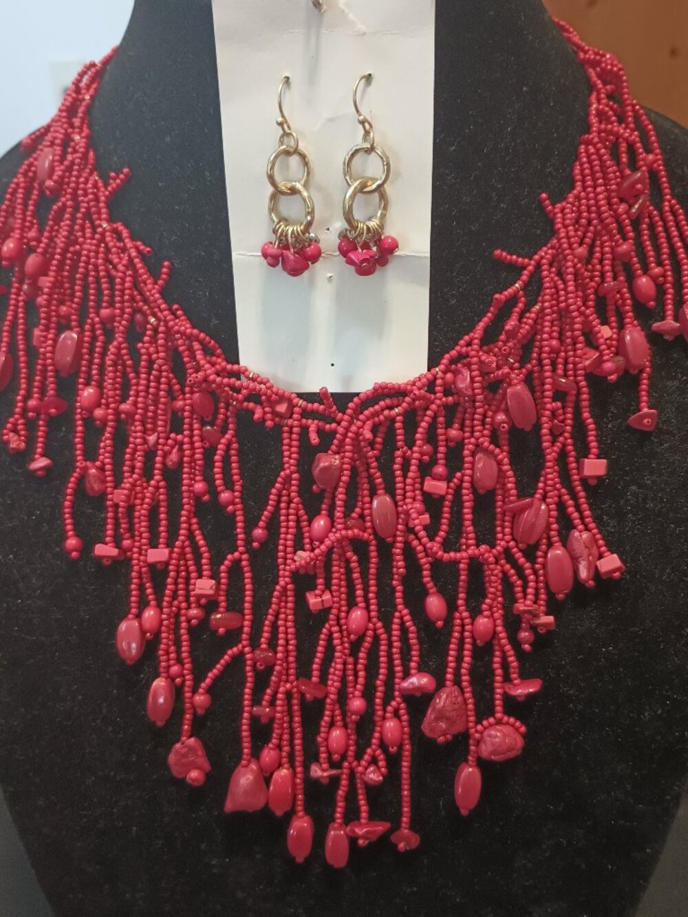 J. Jill Red BOHO Cascading Bead Necklace and Earrings Set (NWT)